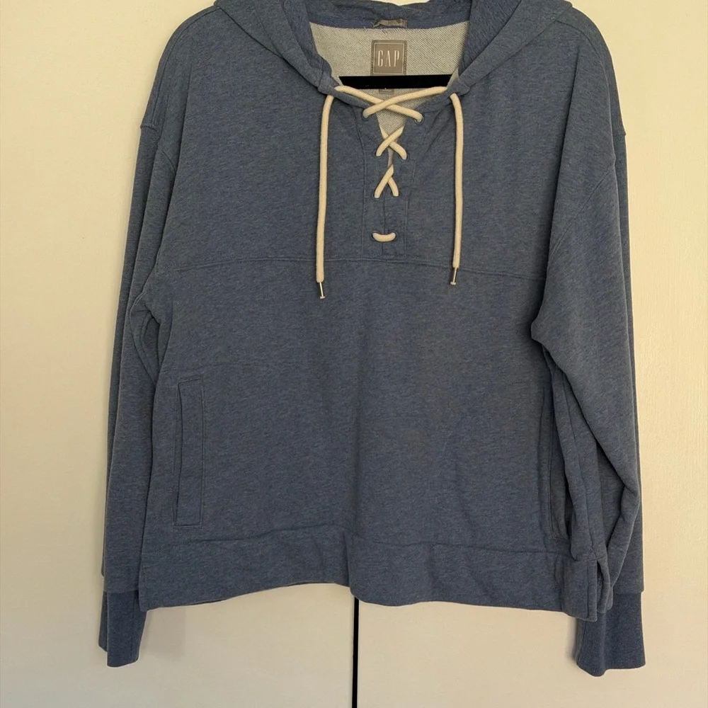 Gap Hoodie Sweatshirt Lace-Up Front Indigo M - Picture 2 of 4